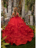 Red Lace Tulle Ruffle Floor Length Flower Girl Dress